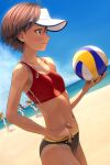  4girls antenna_hair asics beach beach_volleyball black_hair blue_eyes breasts brown_hair highres idolmaster idolmaster_(classic) idolmaster_million_live! kikuchi_makoto kousaka_umi long_hair multiple_girls navel nekopuchi ocean short_hair small_breasts sports_bikini takayama_sayoko tan tanlines tokoro_megumi visor_cap 