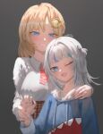  2girls animal_hood arm_around_shoulder bangs blonde_hair blue_eyes blue_hair blue_hoodie blue_nails blush breasts brown_skirt chilakkk commentary cowboy_shot flat_chest gawr_gura gear_hair_ornament grey_background grin hair_ornament height_difference highres holding_hands hololive hololive_english hood hoodie lips long_sleeves looking_at_viewer medium_breasts medium_hair monocle_hair_ornament multicolored_hair multiple_girls nail_polish necktie one_eye_closed open_mouth parted_bangs plaid plaid_skirt red_neckwear shark_hair_ornament shark_hood sharp_teeth shirt_tucked_in short_hair short_necktie short_twintails signature silver_hair simple_background skirt smile streaked_hair symbol-only_commentary teeth twintails two-tone_hair two_side_up upper_body virtual_youtuber watson_amelia 