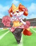 absurd_res anthro black_body black_fur blasticussaturn bottomwear bow_ribbon braixen breasts cheerleader chest_tuft clothing crop_top dancing female football_field fur generation_6_pokemon grass hi_res inner_ear_fluff looking_at_viewer navel nintendo plant pokemon pokemon_(species) pom_poms red_eyes shirt signature skirt sky small_breasts smile solo stadium star_on_cheek topwear tuft under_boob yellow_body yellow_fur
