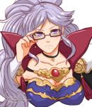 1girl artist_name breasts choker closed_mouth commission commissioner_upload earrings fire_emblem fire_emblem:_genealogy_of_the_holy_war fire_emblem_heroes glasses highres ishtar_(fire_emblem) jewelry looking_at_viewer necklace ponytail purple_eyes purple_hair serious sierra117renner simple_background solo upper_body watermark 