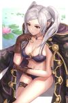  1girl alternate_costume bikini black_coat breasts brown_eyes brown_gloves cleavage cloak closed_mouth coat collarbone elbow_rest fire_emblem fire_emblem_awakening fire_emblem_heroes from_above gloves gonzarez highres hood hooded_cloak jewelry lily_pad long_hair looking_ahead medium_breasts navel o-ring o-ring_bikini pendant purple_bikini purple_swimsuit robin_(fire_emblem) robin_(fire_emblem)_(female) sidelocks silver_hair sitting solo swimsuit thigh_strap twintails water wet 