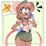 2024 absurd_res anthro arm_tuft belt big_breasts blush bodily_fluids bottomwear breasts brown_body brown_fur brown_hair button_(fastener) button_pop cheese chest_tuft clothing constricted_pupils dairy_products diana_engel diana_engel_(wireless_shiba) elbow_tuft eyebrows eyelashes eyewear female food fur glasses gloves hair hand_on_hip handwear hat headgear headwear hi_res mammal medical_instrument mouse murid murine name_tag pictographics pupils rodent round_glasses scientific_instrument scissors shirt skirt small_pupils solo stethoscope sweat sweatdrop topwear tuft wardrobe_malfunction wireless_shiba
