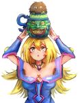  1girl balancing_on_head blonde_hair bracer breasts cleavage dark_magician_girl duel_monster facial_mark hair_between_eyes hands_up hatano_kiyoshi jewelry kuriboh long_hair no_hat no_headwear pot_of_greed simple_background upper_body white_background yellow_eyes yu-gi-oh! 
