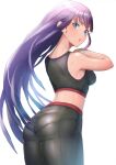  1girl ass back bangs bare_shoulders black_bra black_pants blue_eyes blush bra breasts fate/grand_order fate_(series) highres large_breasts long_hair looking_at_viewer looking_back martha_(fate) open_mouth otsukemono pants pantylines purple_hair revision simple_background solo sports_bra tight tight_pants underwear white_background 