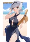  1girl bangs beach black_dress black_hairband blue_sky blunt_bangs breasts cloud commentary_request day dress eyebrows_visible_through_hair flower green_eyes grey_hair hair_flower hair_ornament hairband hana_mori hat highres holding holding_clothes holding_hat hololive large_breasts looking_at_viewer ocean outdoors shirogane_noel short_hair sky solo straw_hat virtual_youtuber 