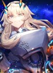  1girl armor bangs blonde_hair blue_eyes breastplate breasts chain crossed_bangs fairy_knight_gawain_(fate) fate/grand_order fate_(series) hair_between_eyes highres horns large_breasts long_hair looking_at_viewer minami_koyogi night night_sky pauldrons shoulder_armor sky solo 