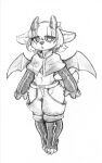 absurd_res ambiguous_gender armwear blasticussaturn cloak clothing demon elbow_gloves exposed_hips fluffy_chest fluffy_hips gloves handwear hi_res horn looking_at_viewer male membrane_(anatomy) membranous_wings midriff monochrome open_mouth simple_background solo thong_straps traditional_media_(artwork) white_background wings