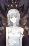  1girl bangs breasts choker collarbone dress eyebrows_visible_through_hair eyelashes hero-san_to_moto_onna_kanbu-san highres orange_eyes silver_hair small_breasts smile solo somechime_(sometime1209) strap_slip upper_body white_dress x_(hero-san_to_moto_onna_kanbu-san) 