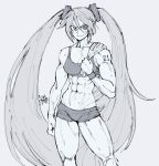  1girl abs biceps breasts clenched_hands commentary english_commentary gabriel_ales greyscale gym_shorts hatsune_miku highres long_hair medium_breasts monochrome muscular muscular_female serious shorts shoulder_tattoo solo sports_bra sportswear standing sweat tattoo thick_thighs thighs towel towel_on_one_shoulder twintails very_long_hair vocaloid wristband 