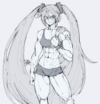  1girl abs alternate_muscle_size bad_id bad_twitter_id biceps breasts clenched_hands commentary english_commentary gabriel_ales greyscale gym_shorts hatsune_miku highres long_hair medium_breasts monochrome muscular muscular_female obliques serious shorts shoulder_tattoo solo sports_bra sportswear standing sweat tattoo thick_thighs thighs towel towel_on_one_shoulder twintails very_long_hair vocaloid wristband 