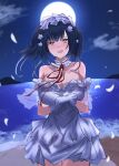  1girl :d absurdres bangs black_hair blush breasts brown_eyes cleavage cloud crying crying_with_eyes_open detached_sleeves dress eyebrows_visible_through_hair full_moon gloves highres horizon large_breasts looking_at_viewer moon neck_ribbon night night_sky nijisanji nose_blush ocean open_mouth outdoors petals puffy_short_sleeves puffy_sleeves red_ribbon ribbon see-through short_sleeves sky smile solo standing strapless strapless_dress tears twintails virtual_youtuber water white_dress white_gloves white_sleeves yamagami_karuta yuki_maccha_(yukimattya10) 