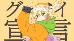  1girl bangs blonde_hair commentary_request double_bun fingernails flower goodbye_sengen_(vocaloid) green_eyes green_nails hair_flower hair_ornament highres hololive homura_minori hood hood_down hoodie long_hair long_sleeves looking_at_viewer momosuzu_nene nail_polish official_art ok_sign orange_nails second-party_source solo song_name two_side_up v virtual_youtuber yellow_background 