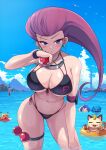  1boy 1girl bikini black_bikini blue_eyes blue_sky blush breasts close-up cloud commentary cramorant day earrings gen_1_pokemon gen_2_pokemon gen_3_pokemon gen_8_pokemon highres holding holding_poke_ball james_(pokemon) jessie_(pokemon) jewelry kasai_shin long_hair looking_at_viewer meowth navel ocean outdoors pikachu poke_ball poke_ball_(basic) pokemon pokemon_(anime) red_hair sky summer swimsuit team_rocket wailmer water wet wingull wobbuffet 