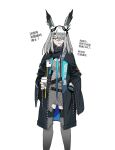  1girl absurdres alternate_costume animal_ears arknights capelet chinese_text coffee_cup cup disposable_cup frostnova_(arknights) grey_eyes hand_in_pocket highres id_card infection_monitor_(arknights) jacket necktie one_eye_covered rabbit_ears rabbit_girl scar scar_on_face scar_on_nose solo sweater translation_request white_hair yuyanshu13 