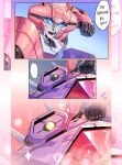 1_eye 2024 absurd_res action_pose awkward blue_eyes bodily_fluids comic confusion cybertronian cyclops darlsdraws dialogue digital_drawing_(artwork) digital_media_(artwork) duo elita-one ellipsis english_text female fingers hasbro hi_res humanoid living_machine love machine male not_furry open_mouth pink_body pose purple_body question_mark robot shockwave_(transformer) signature simple_background sparkles sparkling_eyes speech_bubble sweat takara_tomy teeth text threatening_words transformers transformers_one