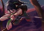  1girl akali arm_tattoo bangs bare_tree black_hair bridal_gauntlets dagger floating_hair full_body green_pants green_ribbon hair_between_eyes hair_ribbon holding holding_dagger holding_knife holding_scythe holding_weapon horizon jumping kama_(weapon) knife kunai league_of_legends long_hair mask mouth_mask ninja ninja_mask pants ponytail pouch red_eyes ribbon rope_belt scythe sickle sky solo star_(sky) starry_sky switchel tattoo tree twilight weapon 