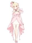  1girl alternate_costume bangs blonde_hair blush breasts brown_eyes cleavage closed_mouth dress elbow_gloves eyebrows_visible_through_hair flower genshin_impact gloves hair_between_eyes hair_flower hair_ornament highres ia_(ias1010) large_breasts lumine_(genshin_impact) pink_dress pink_flower pink_footwear pink_gloves short_hair_with_long_locks simple_background sketch solo standing white_background yellow_eyes 