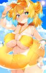  1girl bikini blonde_hair blue_eyes blue_hair blue_sky bombergirl bracelet breasts cloud commentary_request day highres jewelry large_breasts looking_at_viewer msp_sammy multicolored_hair o-ring o-ring_bikini o-ring_top pine_(bombergirl) sky solo sun swimsuit two-tone_hair visor_cap wet yellow_bikini 
