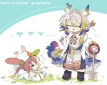  &gt;_&lt; 2girls :d ^_^ amiya_(arknights) amiya_(planter)_(arknights) animal_ears arknights baseball_cap blonde_hair blue_hair brown_hair closed_eyes closed_mouth commentary_request dragon_girl dragon_horns grey_hair hat horns long_hair long_sleeves multicolored_hair multiple_girls naguru_(cyoroama) official_alternate_costume open_mouth pointy_ears rabbit_ears shovel shu_(arknights) smile through_ground 