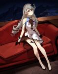 1girl 2757956654 absurdres bangs black_footwear black_gloves braid bronya_zaychik china_dress chinese_clothes closed_mouth couch cushion dress drill_hair floor full_body gloves grey_eyes grey_hair hair_between_eyes hair_ornament highres honkai_(series) honkai_impact_3rd looking_at_viewer painting_(object) shoes sitting sleeveless sleeveless_dress smile solo twin_drills white_dress 