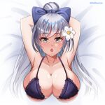  1girl absurdres arms_behind_head artist_name azur_lane bdhentai bikini bow breasts collarbone eyebrows_visible_through_hair flower grey_eyes hair_bow hair_flower hair_ornament highres large_breasts long_hair looking_at_viewer lying official_alternate_costume on_back purple_bikini purple_bow silver_hair skindentation solo swimsuit upper_body vittorio_veneto_(azur_lane) vittorio_veneto_(the_flower_of_la_spezia)_(azur_lane) white_flower 