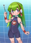  1girl akagashi_hagane android bare_shoulders breasts charu_(saru_getchu) closed_mouth eyebrows_visible_through_hair green_hair headphones holding long_hair looking_at_viewer pointer purple_eyes saru_getchu skin_tight small_breasts smile solo standing wristband 