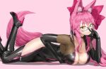  1girl animal_ear_fluff animal_ears black_bodysuit bodysuit breasts center_opening fate/grand_order fate_(series) fox_ears fox_girl fox_tail glasses grey-framed_eyewear high_heels highres koyanskaya_(fate) large_breasts long_hair lying on_stomach pink_hair pixel_(yuxian) semi-rimless_eyewear solo tail tamamo_(fate) the_pose under-rim_eyewear yellow_eyes 