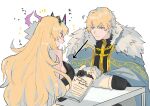  1boy 1girl arms_on_table bare_shoulders blonde_hair blue_cape blue_eyes blush book breasts cape english_text fairy_knight_gawain_(fate) fate/grand_order fate_(series) fur-trimmed_cape fur_trim gauntlets gawain_(fate) hair_between_eyes highres holding holding_book horned_headwear horns long_hair looking_at_another looking_at_breasts open_mouth red_eyes sidelocks smile white_background x10-a 