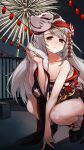  1girl absurdres arm_between_legs bangs bare_shoulders blush_stickers brown_eyes commentary_request eyebrows_visible_through_hair fireworks flat_chest flower fox_mask full_body fur_(clothing) g11_(girls&#039;_frontline) girls&#039;_frontline grey_hair hair_flower hair_ornament highres holding holding_pipe japanese_clothes jizhi_shaojiu kimono kiseru long_hair looking_at_viewer mask mask_on_head night official_alternate_costume outdoors pipe platform_footwear sandals socks solo squatting tabi 