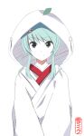  1girl aqua_eyes aqua_hair character_name commentary face hair_ornament hatsune_miku hood hood_up japanese_clothes kimono looking_at_viewer rexlent shiromuku sidelocks simple_background smile solo stamp_mark tassel uchikake upper_body vocaloid white_background white_kimono yuki_miku yuki_miku_(2013) 