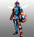  1boy blonde_hair blue_eyes captain_america captain_america_(series) closed_mouth clownpiece clownpiece_(cosplay) cosplay fairy_wings full_body gradient gradient_background grey_background hat hidaruma holding holding_shield jester_cap long_hair male_focus muscular muscular_male neck_ruff pantyhose polka_dot purple_headwear shield simple_background standing star_(symbol) star_print touhou wings 