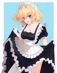  1girl :d absurdres alternate_costume anianiani0607 antenna_hair apron arcueid_brunestud bangs black_dress blonde_hair blue_background border breasts cleavage clothes_lift commentary_request cowboy_shot dress dress_lift enmaided frilled_apron frilled_dress frills head_tilt highres lifted_by_self looking_at_viewer maid maid_apron maid_headdress medium_breasts open_mouth puffy_short_sleeves puffy_sleeves red_eyes short_hair short_sleeves smile solo standing thighhighs tsukihime underbust white_border white_legwear 