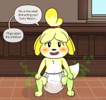 animal_crossing anthro blush canid canine canis clothed clothing crouching diaper diaper_fetish diaper_only digital_media_(artwork) domestic_dog english_text feces female fur hair hi_res hydroftt isabelle_(animal_crossing) mammal nintendo soiled_diaper solo stink_fumes text topless unclean_diaper used_diaper wearing_diaper yellow_body yellow_fur