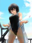  1girl amagami black_eyes black_hair black_swimsuit breasts closed_mouth cloud cloudy_sky competition_swimsuit highres light_rays looking_at_viewer medium_breasts nanasaki_ai one-piece_swimsuit open_clothes open_shirt outdoors short_hair sky smile solo swimsuit swimsuit_under_clothes undressing ykh1028 