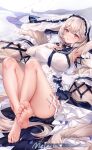  1girl absurdres armpits ass azur_lane bare_legs barefoot breasts choker covered_nipples detached_sleeves dress feet formidable_(azur_lane) formidable_(timeless_classics)_(azur_lane) hand_on_own_chest highres large_breasts legs_up long_hair long_sleeves looking_at_viewer lying melailai official_alternate_costume on_back panties parted_lips sailor_collar see-through sleeveless sleeveless_dress soles solo thighs toes twintails underwear veil very_long_hair white_dress white_hair white_panties 