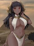  1girl ahoge bangs black_hair breasts chowbie cleavage commentary dark-skinned_female dark_skin desert egyptian_clothes eyebrows_visible_through_hair hair_ornament highres jewelry large_breasts long_hair looking_at_viewer navel original pelvic_curtain pyramid red_eyes solo thighs 
