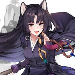  1girl arknights beads beruko14 close-up dog_girl facial_mark forehead_mark gloves highres holding_naginata japanese_clothes kimono naginata open_mouth polearm prayer_beads purple_gloves purple_kimono saga_(arknights) shiba_inu solo weapon 