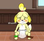 animal_crossing anthro blush canid canine canis clothed clothing crouching diaper diaper_fetish diaper_only diaper_use digital_media_(artwork) domestic_dog english_text fart feces female fur hair hi_res hydroftt isabelle_(animal_crossing) mammal nintendo pooping soiled_diaper soiling soiling_diaper solo text topless unclean_diaper used_diaper wearing_diaper yellow_body yellow_fur