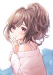  1girl bare_shoulders blush brown_hair dress eyebrows_visible_through_hair hand_on_own_chin hands_up hoshina_hoshimi idolmaster idolmaster_shiny_colors long_hair long_sleeves ponytail simple_background sweater sweater_dress tsukioka_kogane upper_body 