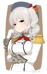  1girl bangs beret breasts brown_eyes chagen_kokimu dated epaulettes frills gloves grey_headwear hat kantai_collection kashima_(kancolle) long_hair looking_at_viewer red_neckwear silver_hair simple_background smile solo twintails two-tone_background uniform upper_body wavy_hair white_gloves 