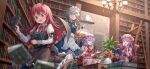  4girls apron ascot bat_wings black_skirt black_vest blue_bow blurry blush book bookshelf bow bowtie braid chandelier closed_mouth collared_shirt commentary_request crescent crescent_hat_ornament cup demon_wings depth_of_field dress drinking flower frilled_skirt frills game_cg green_bow green_bowtie green_brooch grey_hair hair_bow hat hat_bow hat_ornament head_wings hirokazu_(analysis-depth) holding holding_book holding_cup holding_tray indoors izayoi_sakuya koakuma ladder library long_hair long_sleeves looking_at_another maid maid_headdress mob_cap multiple_girls multiple_hair_bows necktie official_art open_book open_mouth patchouli_knowledge pink_hat pink_shirt pink_skirt plant purple_eyes purple_hair red_ascot red_bow red_eyes red_hair red_necktie remilia_scarlet ribbon-trimmed_skirt ribbon_trim shirt sitting skirt skirt_set sleeve_bow smile striped_clothes striped_dress sweatdrop teacup teapot third-party_source touhou touhou_gensou_eclipse tray twin_braids vase vertical-striped_clothes vertical-striped_dress very_long_hair vest waist_apron white_shirt wings wrist_cuffs 