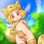  1girl absurdres animal_hat arm_behind_back bangs bell blonde_hair blue_sky blush cloud commentary_request commission covering covering_crotch cowboy_shot day eyebrows_visible_through_hair fang flat_chest fox_girl fox_hat fox_tail halter_top halterneck hat highres holding holding_staff looking_at_viewer looking_down moonlight_flower navel open_mouth outdoors ragnarok_online red_eyes reward_available sakurabe_notos second-party_source short_hair skeb_commission skin_fang sky solo staff tail tree 