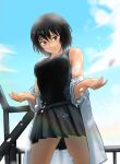  1girl amagami black_eyes black_hair black_swimsuit breasts closed_mouth cloud cloudy_sky competition_swimsuit highres light_rays looking_at_viewer medium_breasts nanasaki_ai one-piece_swimsuit open_clothes open_shirt outdoors short_hair skirt sky smile solo swimsuit swimsuit_under_clothes undressing ykh1028 