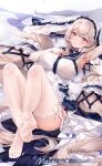  1girl absurdres armpits ass azur_lane breasts choker covered_nipples detached_sleeves dress feet formidable_(azur_lane) formidable_(timeless_classics)_(azur_lane) hand_on_own_chest highres large_breasts legs_up long_hair long_sleeves looking_at_viewer lying melailai official_alternate_costume on_back panties parted_lips sailor_collar see-through sleeveless sleeveless_dress soles solo thighhighs toes twintails underwear veil very_long_hair white_dress white_hair white_legwear white_panties 