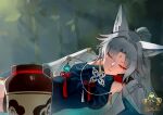  1girl absurdres animal_ears black_gloves c2h2 chinese_commentary closed_eyes commentary_request feixiao_(honkai:_star_rail) forehead_jewel fox_ears fox_girl gloves green_shirt high_ponytail highres honkai:_star_rail honkai_(series) jacket long_hair lying on_side open_mouth ponytail shirt sleeping solo star_(symbol) vase white_hair white_jacket 