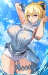  1girl absurdres bangs belt blonde_hair blue_eyes blue_sky blush bow breasts covered_nipples genshin_impact hair_bow highres jean_(genshin_impact) jean_(sea_breeze_dandelion)_(genshin_impact) large_breasts long_hair looking_at_viewer loooyd ocean ponytail shirt shorts sidelocks sky sleeveless sleeveless_shirt solo wading water wet white_shirt white_shorts 