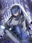  1girl ascot blindfold blue_dress blue_flower breasts commentary_request covered_eyes dress fairy_knight_lancelot_(fate) fate/grand_order fate_(series) feet_out_of_frame flower forest gloves grey_dress grey_gloves grey_hair grey_neckwear highres light_particles long_hair m0_chi md5_mismatch nature parted_lips petticoat sitting small_breasts smile teeth thighhighs tree white_hair white_legwear 