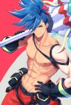  1boy abs black_gloves blue_eyes blue_hair closed_mouth galo_thymos gloves hand_on_hip highres male_focus muscular muscular_male nipples over_shoulder pants pectorals promare red_pants shirtless sidecut single_sleeve smile solo spiked_hair weapon weapon_over_shoulder zawar379 