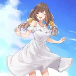  1girl bare_shoulders bow breasts brown_eyes brown_hair cloud dress flower hair_bow hair_flower hair_ornament idolmaster idolmaster_shiny_colors large_breasts long_hair open_mouth pekoni_(peconi) sky smile solo standing sundress tsukioka_kogane twintails white_dress 