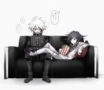  2boys a_tama_(pakpak_tkg) ahoge bangs black_gloves checkered checkered_neckwear checkered_scarf commentary_request couch danganronpa_(series) danganronpa_v3:_killing_harmony flying_sweatdrops food full_body gloves grey_eyes grey_hair grey_jacket grey_pants highres jacket keebo long_sleeves looking_at_another lying male_focus multiple_boys on_couch ouma_kokichi pants pillow popcorn power_armor purple_hair scarf shaded_face shoes simple_background sitting speech_bubble straitjacket translation_request 